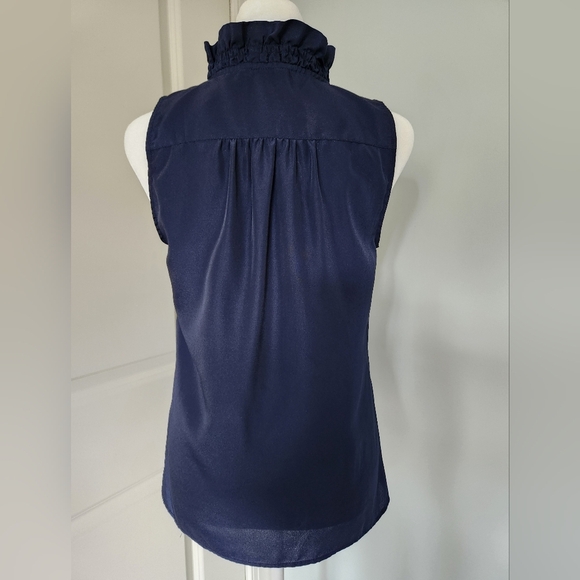 J. Crew Navy Ruffle Collar Sleeveless Blouse Sz 0 - Picture 2 of 5